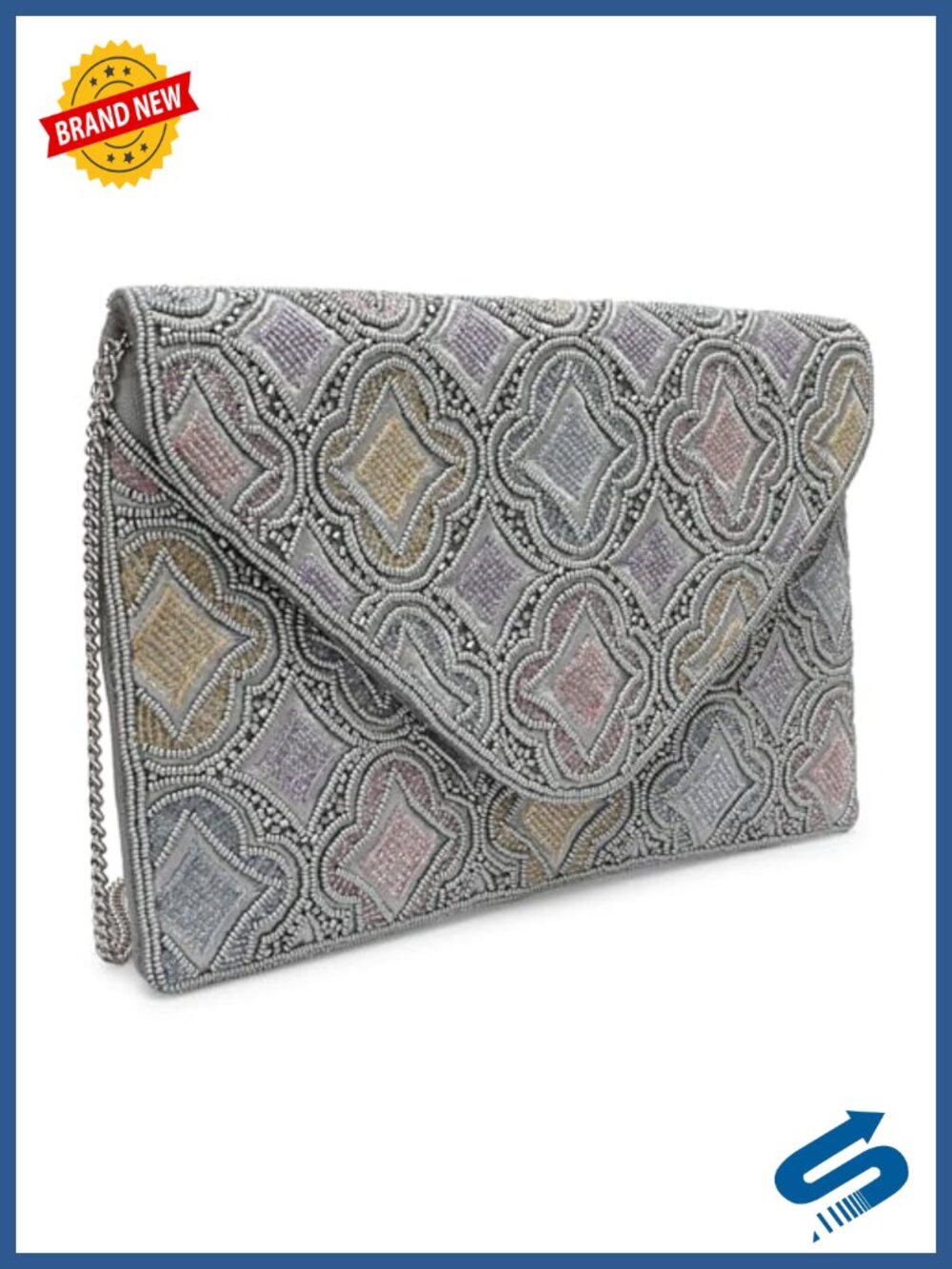 Beaded Evening Clutch Purse Geometric Envelope Chain Strap Formal